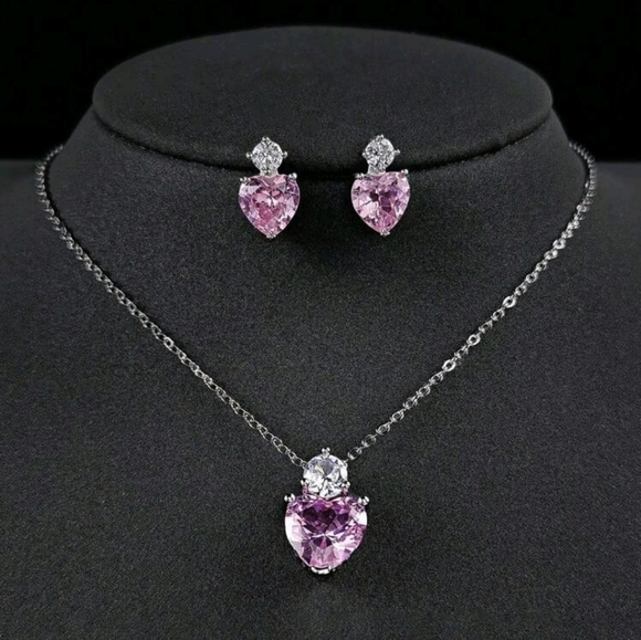 Jewelry - Pink Cubic Zirconia Heart Drop Set Pendant Silver Necklace Earrings